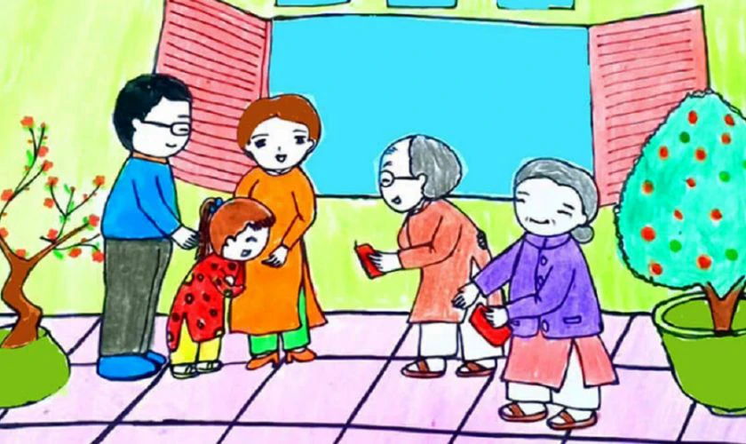 Tranh vẽ các hoạt động ngày Tết