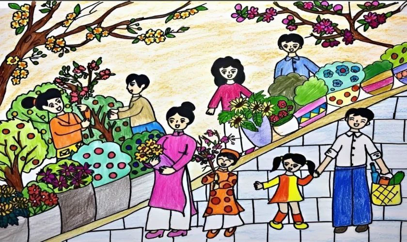 Tranh vẽ các hoạt động ngày Tết 2026 sáng tạo, ấn tượng