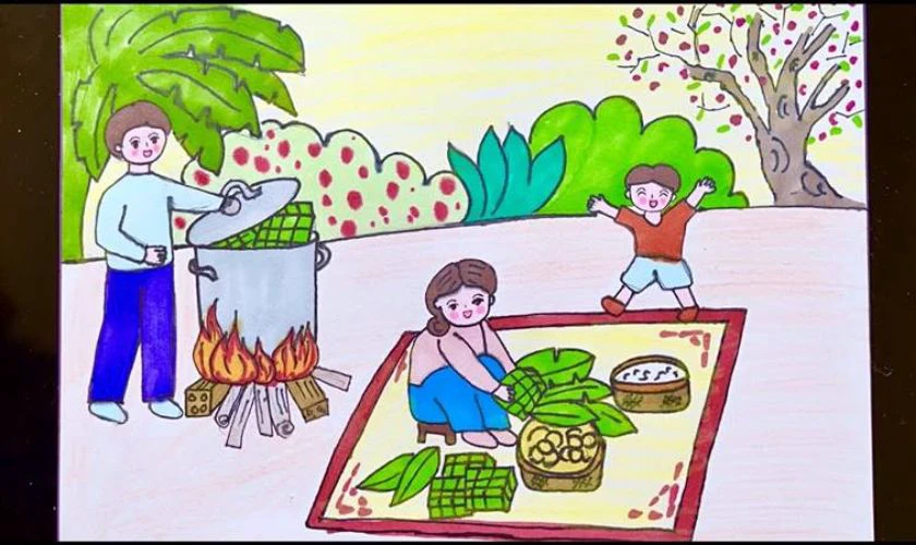 Tranh vẽ ngày Tết 2026 chủ đề bánh chưng, bánh Tét