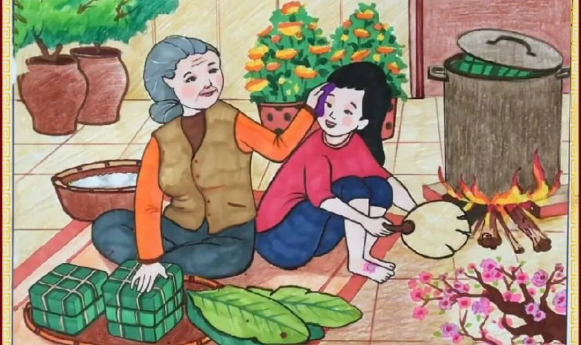 Tranh vẽ Tết 2026 chủ đề bánh chưng, bánh Tét