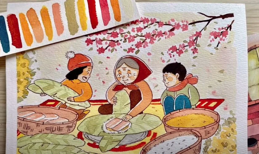 Tranh vẽ ngày Tết chủ đề bánh chưng, bánh Tét