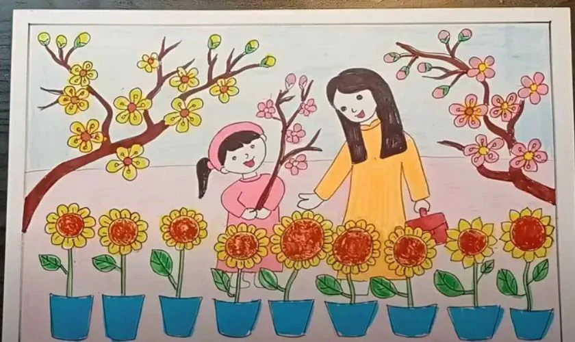 Tranh vẽ ngày Tết 2026 chủ đề hoa mai, hoa đào