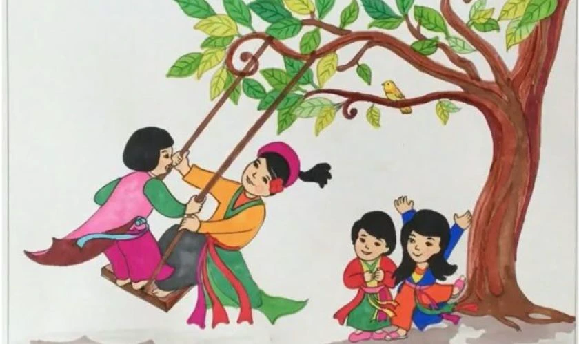 Tranh vẽ Tết 2026 chủ đề trò chơi dân gian