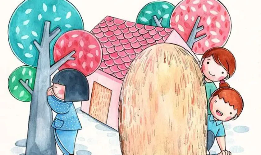 Tranh Tết 2026 về trò bịt mắt trốn tìm