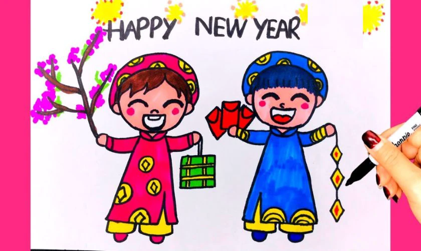 Vẽ tranh Tết chủ đề chúc mừng năm mới