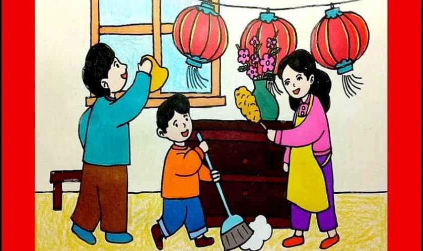 Tranh vẽ Tết chủ đề gia đình ấm áp