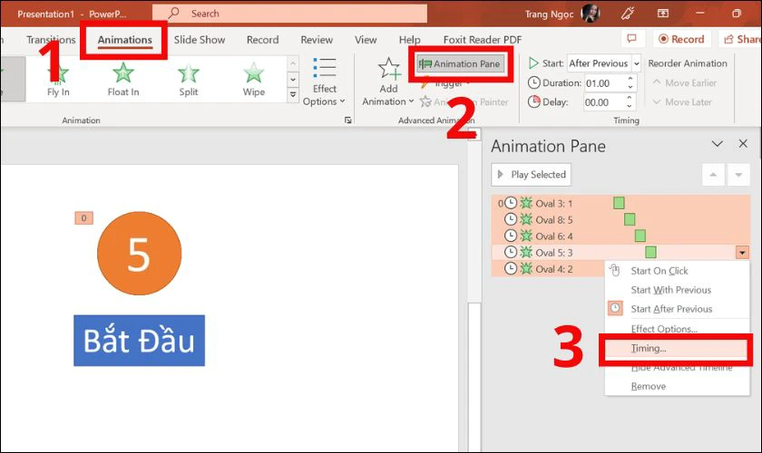 Chọn tiếp Animation, mở rộng Animation Pane để đến Timing