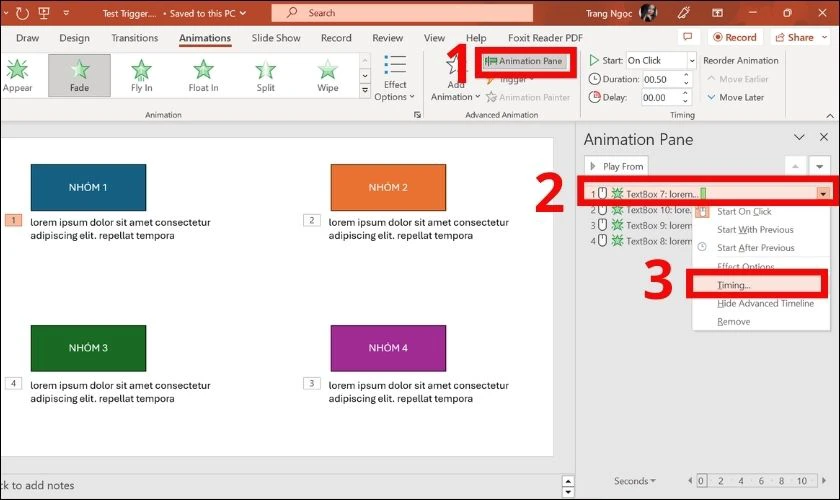 Tại Animation Pane chọn mục Timing