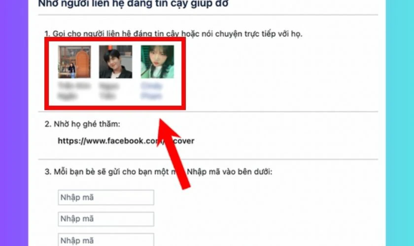 Gõ tên một người bạn trong danh sách liên hệ tin cậy