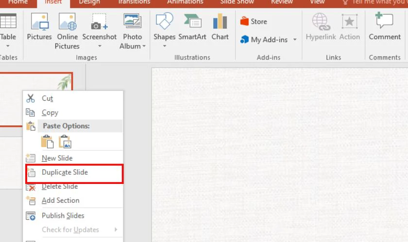 Cuối cùng, sao chép slide này bằng cách nhấn chuột phải vào slide và chọn Duplicate Slide