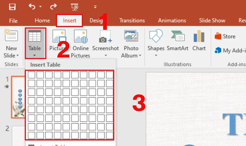 Bạn đặt con trỏ chuột ngay sau hình tròn số 1, sau đó vào thẻ Insert, chọn Table