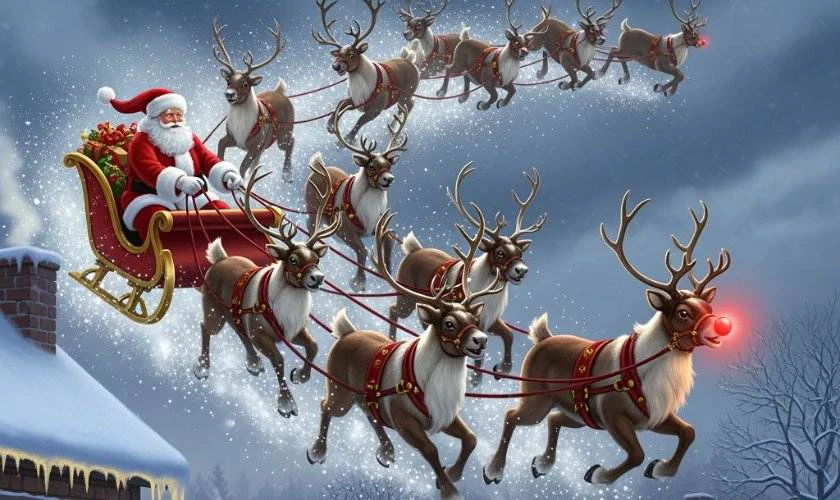 Ảnh tuần lộc cùng ông già Noel đi phát quà