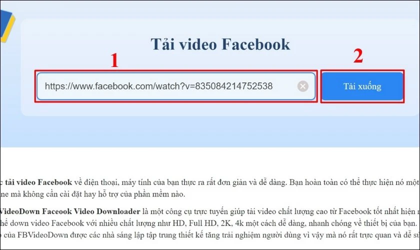 Dán đường link video Facebook muốn tải về và nhấn Tải xuống