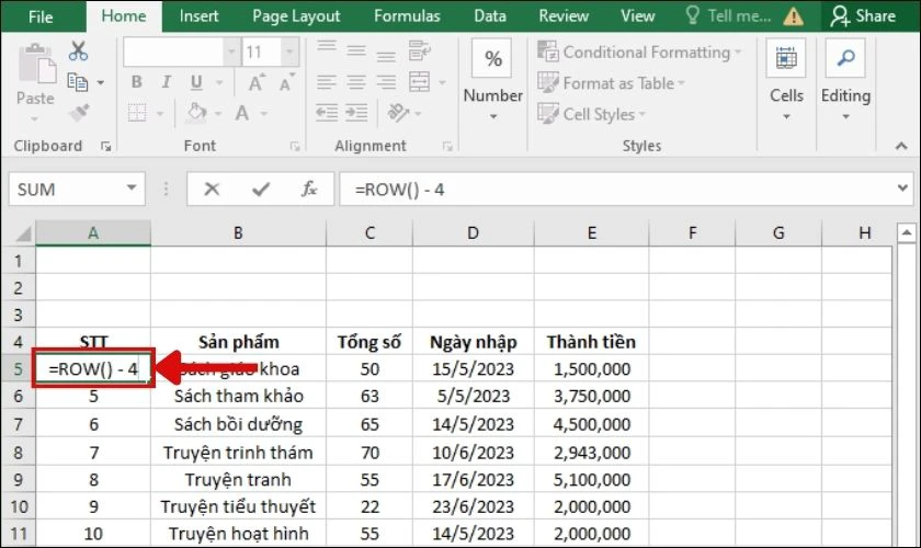 Nhập công thức =ROW() - số hàng phía trên