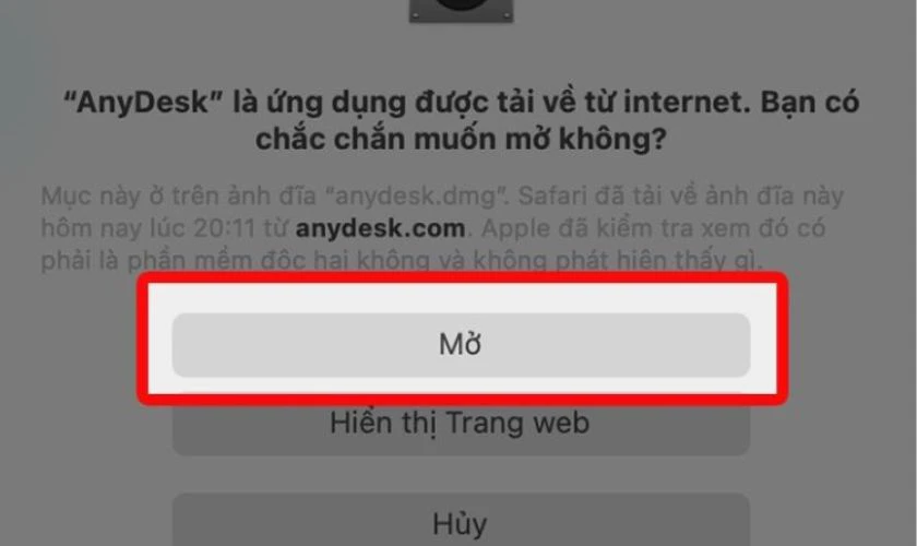 Nhấp Mở để đồng ý và tiếp tục cài đặt phần mềm