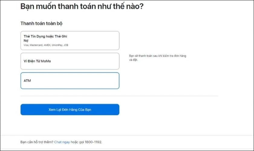 Các bước mua hàng với khuyến mãi UNiDAYS Apple - Bước 4: Kiểm tra kỹ đơn, đảm bảo tên người nhận trùng khớp với thông tin được ưu đãi. Sau đó, chọn phương thức thanh toán: thẻ tín dụng, ví MoMo hoặc ATM