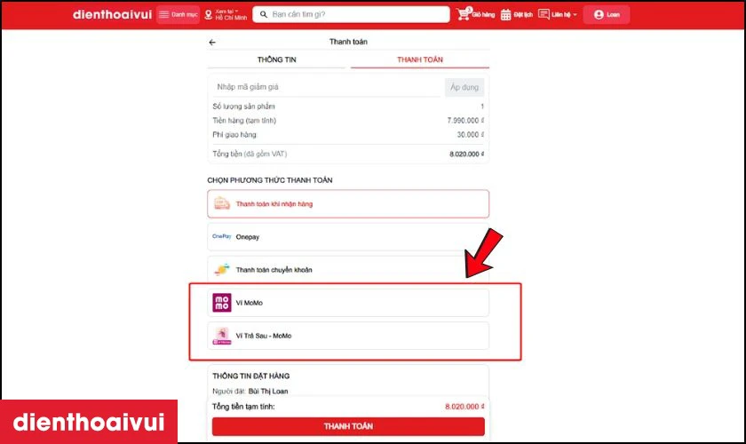 Chọn MoMo hoặc Ví trả sau MoMo