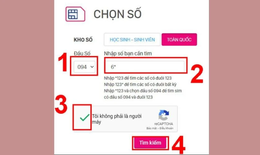 Lựa chọn đầu số 094 và nhập vào 6*