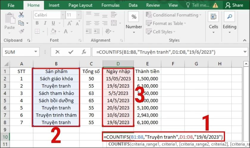 Bôi đen vùng dữ liệu và áp dụng công thức hàm Countifs