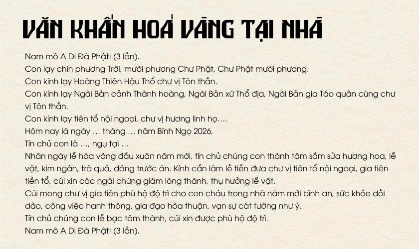 Văn khấn hóa vàng ngày Tết Bính Ngọ 2026 tại nhà