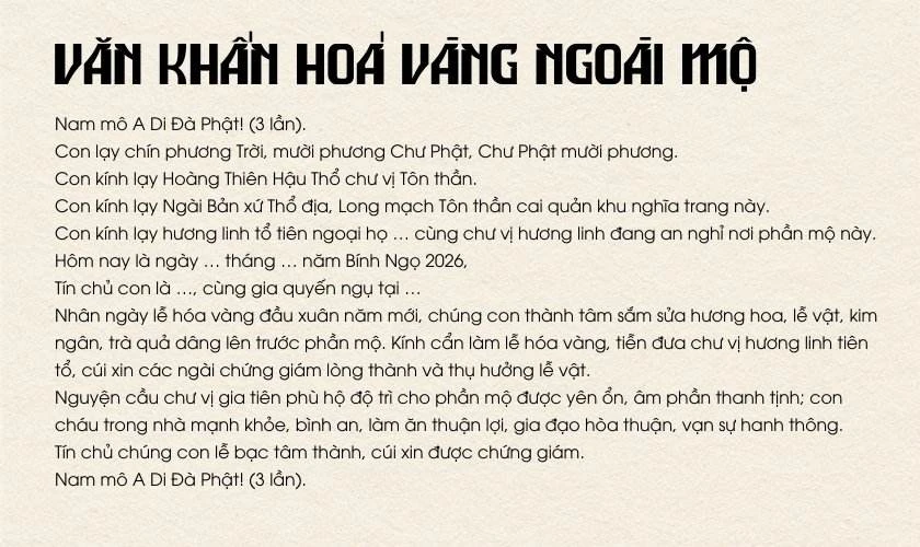 Văn khấn hóa vàng ngày Tết Bính Ngọ 2026 ngoài mộ