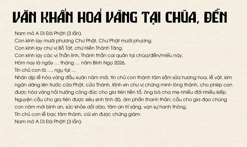 Văn khấn hóa vàng ngày Tết Bính Ngọ 2026 tại chùa, đền, miếu