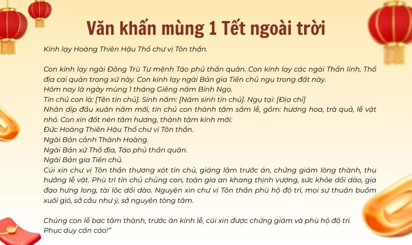Văn khấn mùng 1 Tết ngoài trời 2026 Bính Ngọ