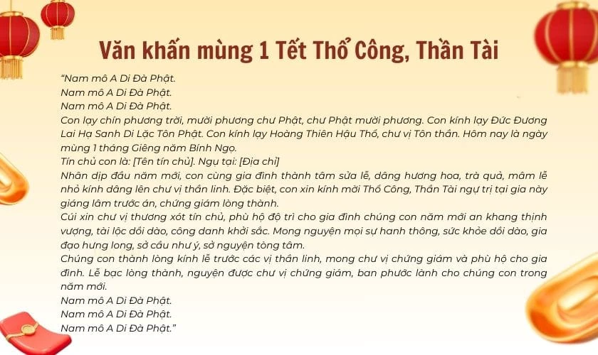 Văn khấn mùng 1 Tết Thổ Công, Thần Tài