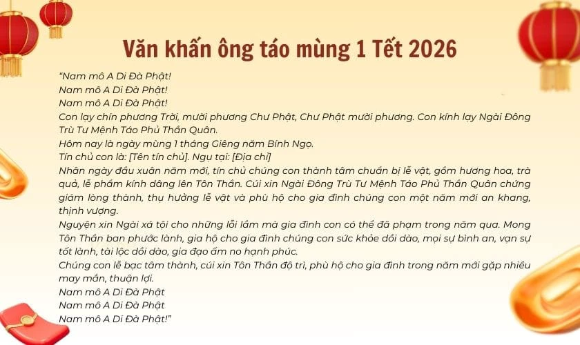 Văn khấn ông táo mùng 1 Tết 2026