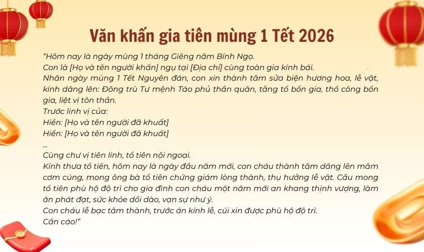 Văn khấn gia tiên mùng 1 Tết 2026 linh nghiệm