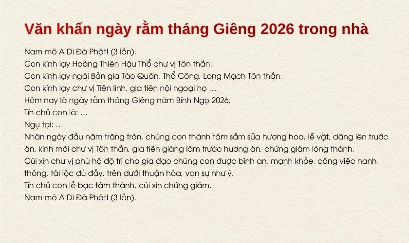 Văn khấn ngày rằm tháng Giêng 2026 trong nhà