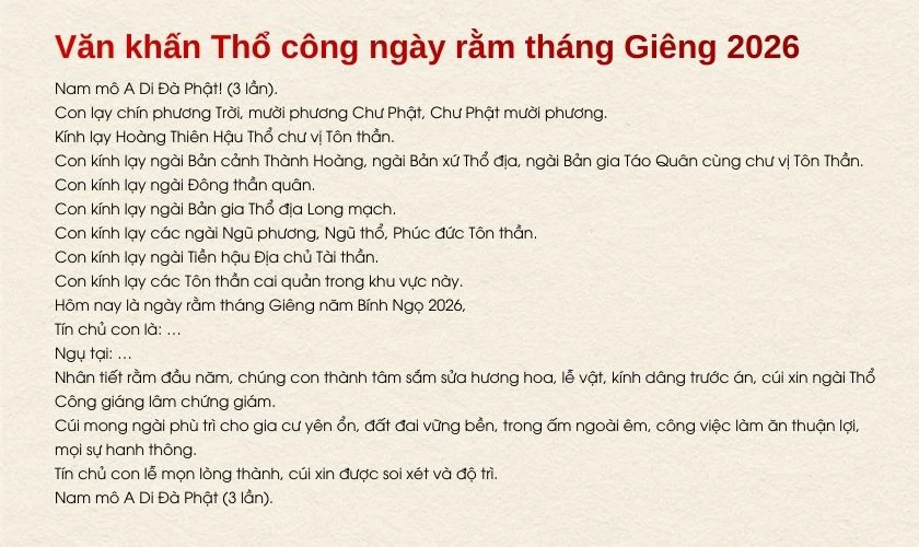 Văn khấn Thổ công ngày rằm tháng Giêng 2026