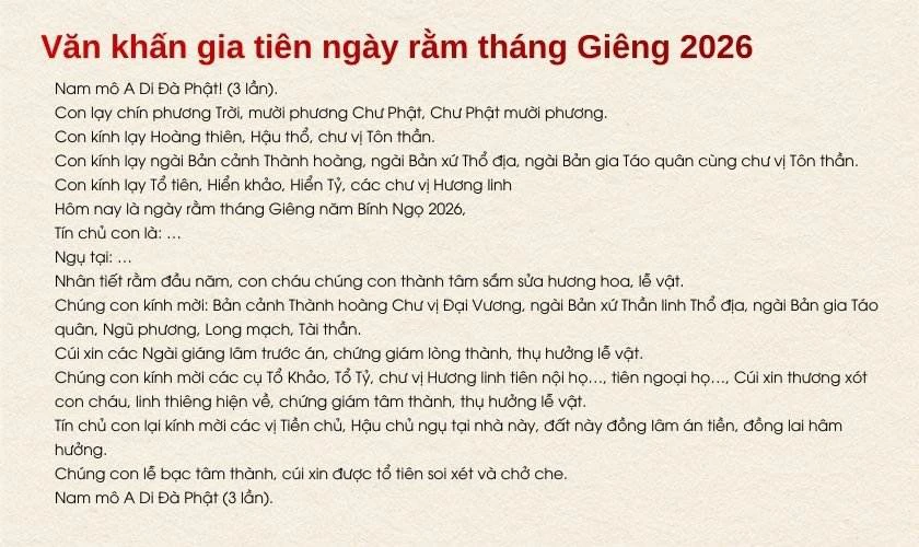 Văn khấn gia tiên ngày rằm tháng Giêng 2026