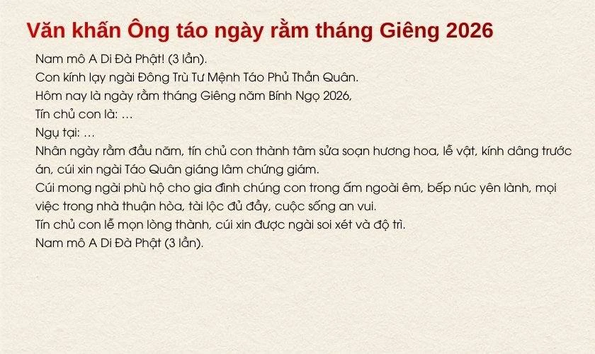 Văn khấn Ông táo ngày rằm tháng Giêng 2026