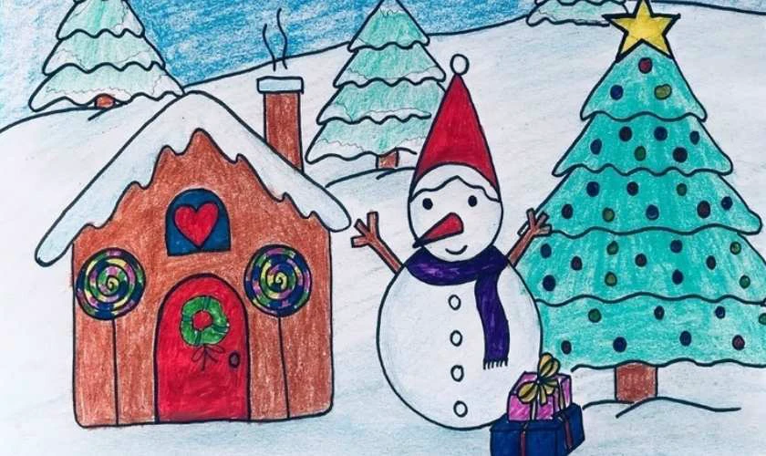 Tranh vẽ Noel có người tuyết đơn giản