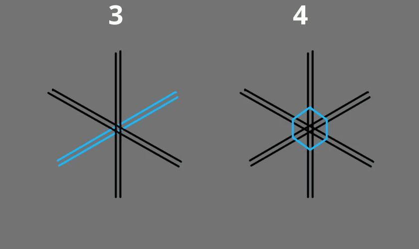 Vẽ một hình lục giác nhỏ ở trung tâm bông tuyết, sử dụng sáu đường thẳng