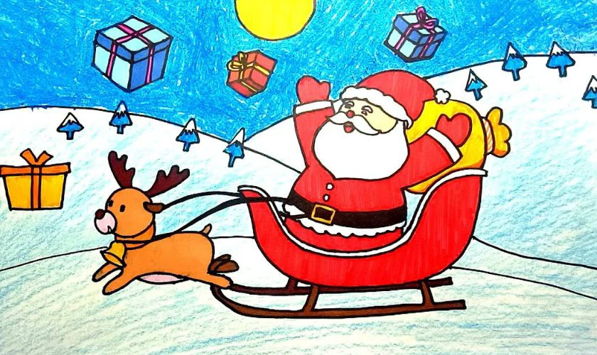 Tranh vẽ ông già Noel và tuần lộc đáng yêu