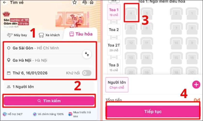 Truy cập ứng dụng và lựa chọn vé phù hợp