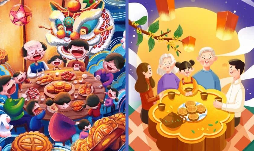 Vẽ thiệp trung thu chủ đề gia đình đơn giản