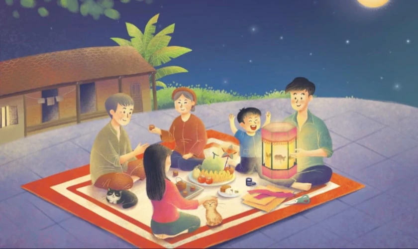 Vẽ thiệp trung thu chủ đề gia đình mới