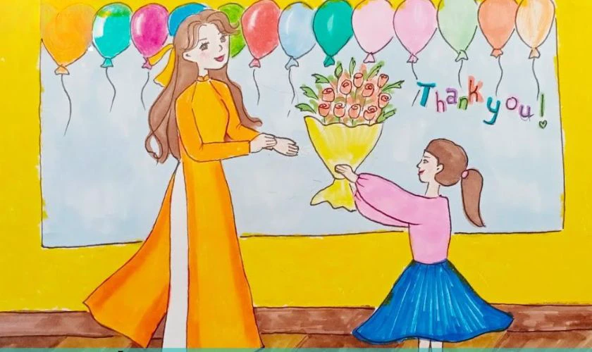 Mẫu tranh vẽ 20/10 đẹp tặng cô giáo