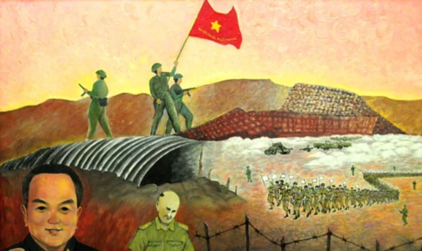 Bộ đội Việt Nam hành quân trong rừng núi Tây Bắc trong tranh vẽ