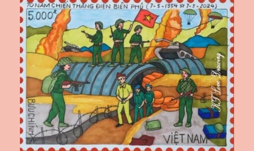 Bức vẽ bộ đội Việt Nam tiến vào trung tâm cứ điểm địch