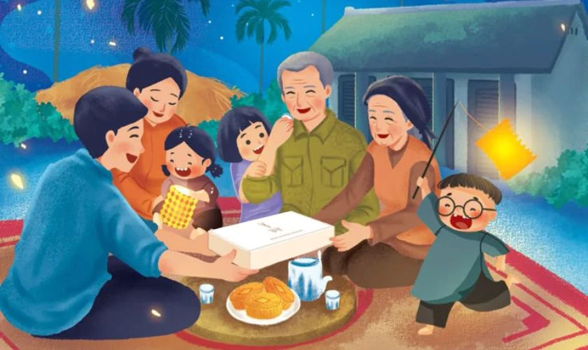 Tranh vẽ ngày Gia Đình Việt Nam thể hiện tình cảm ông bà cháu