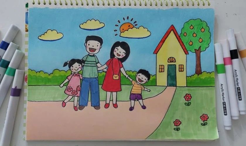 Tranh vẽ đề tài gia đình hạnh phúc bên nhau