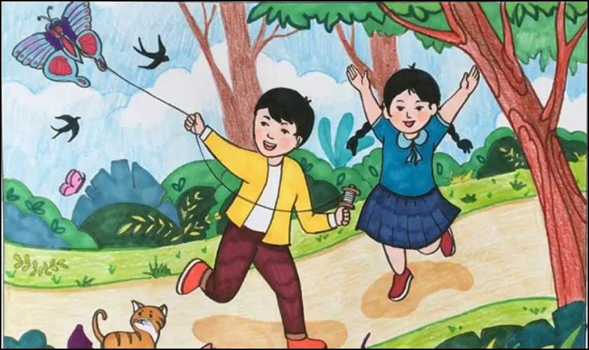 Vẽ tranh ngày Quốc tế Hạnh phúc trẻ em thả diều