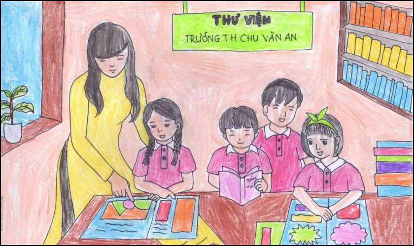 Vẽ tranh ngày Quốc tế Hạnh phúc về cô giáo và học sinh