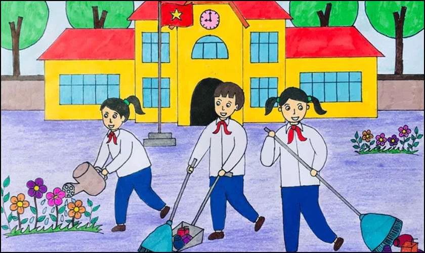 Các em học sinh chăm chỉ dọn sân trường