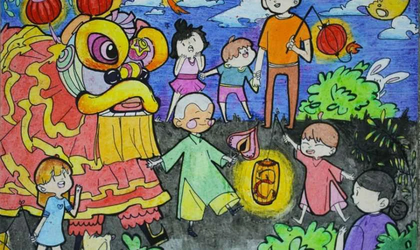 Mẫu vẽ tranh trung thu lớp 6 đông vui