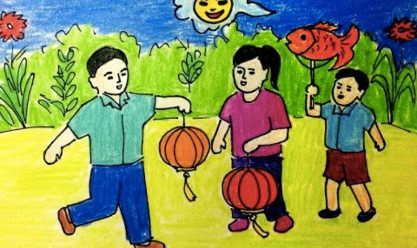 Mẫu vẽ tranh trung thu lớp 3 nhiều màu sắc